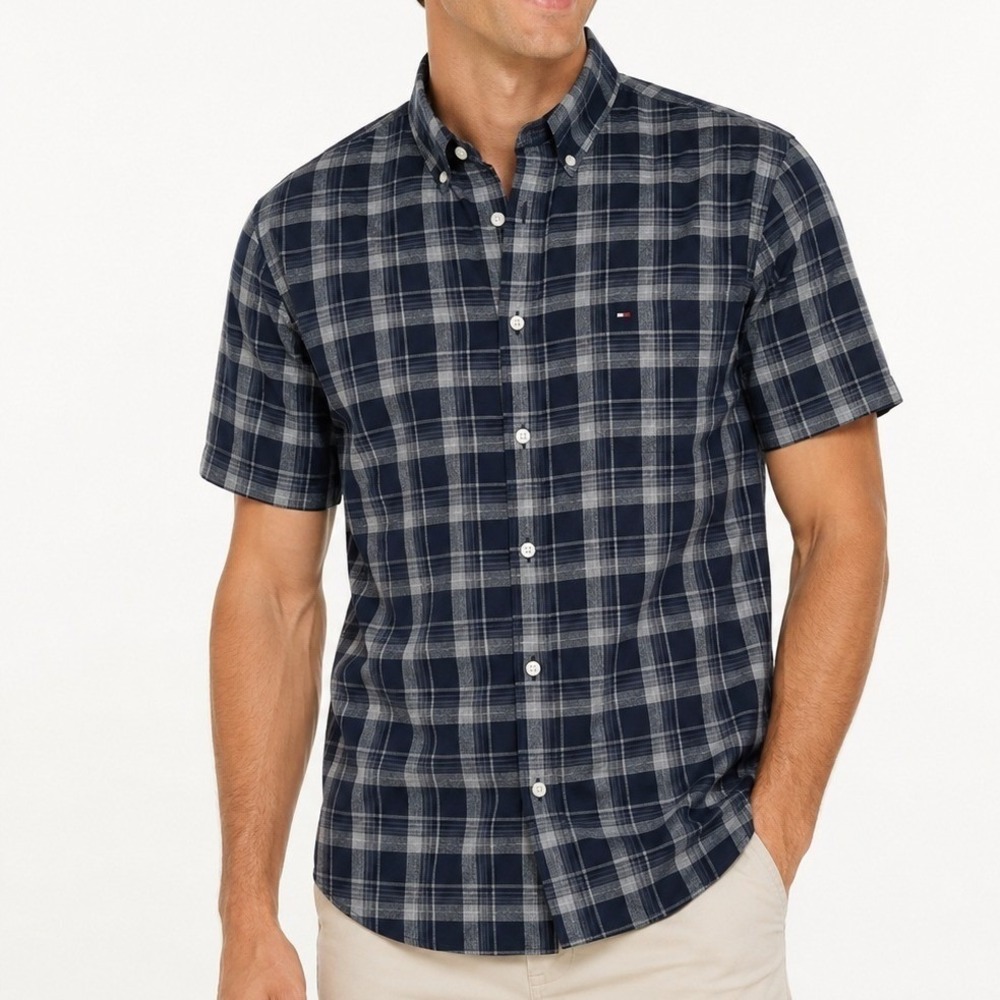 Tommy Hilfiger Men Button Down Shirt Navy Gray XL Plaid Short Sleeve Classic Fit